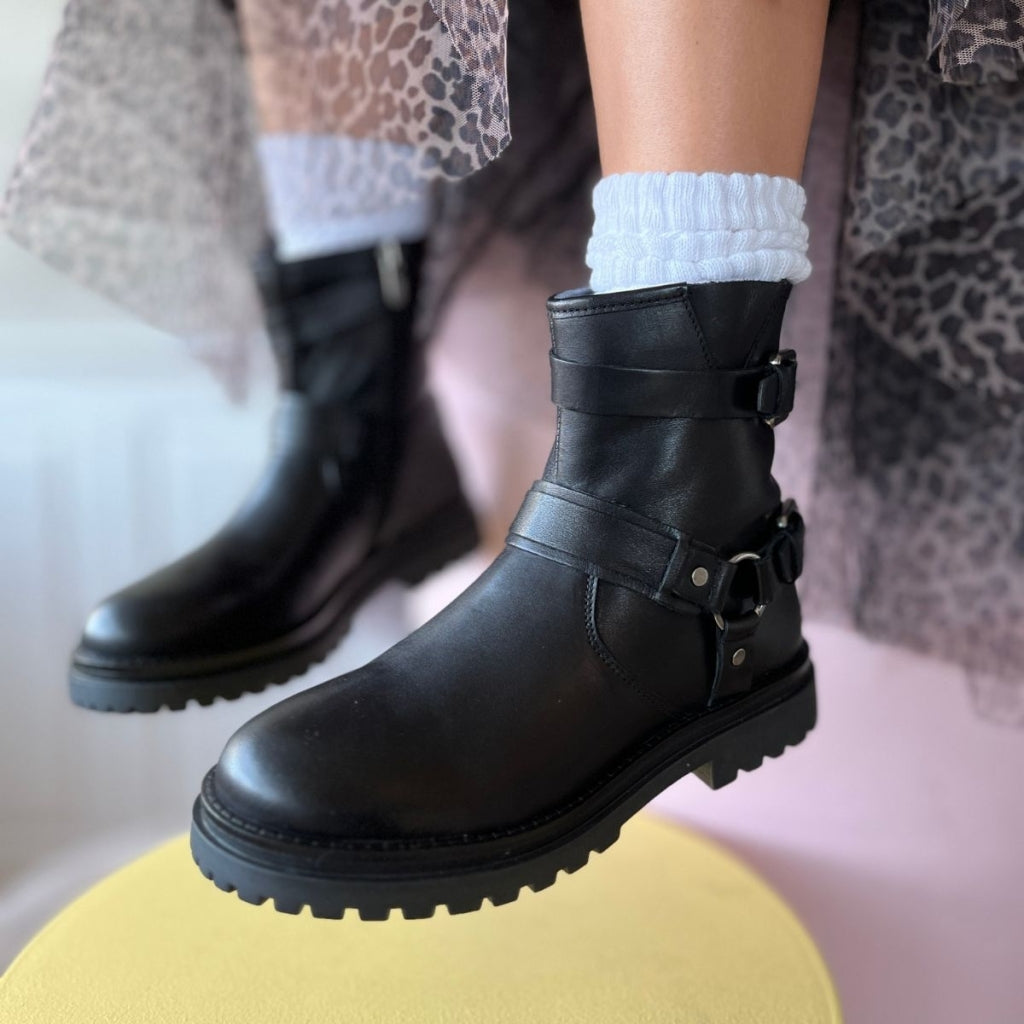 Black flat biker ankle boots online