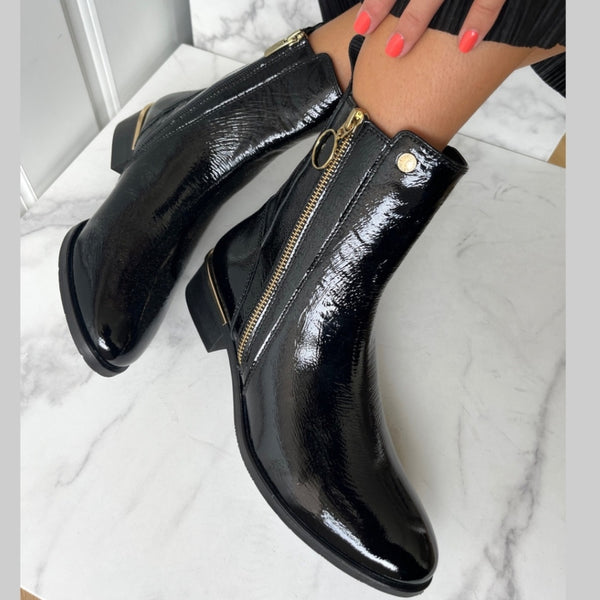 Ladies black patent deals leather ankle boots