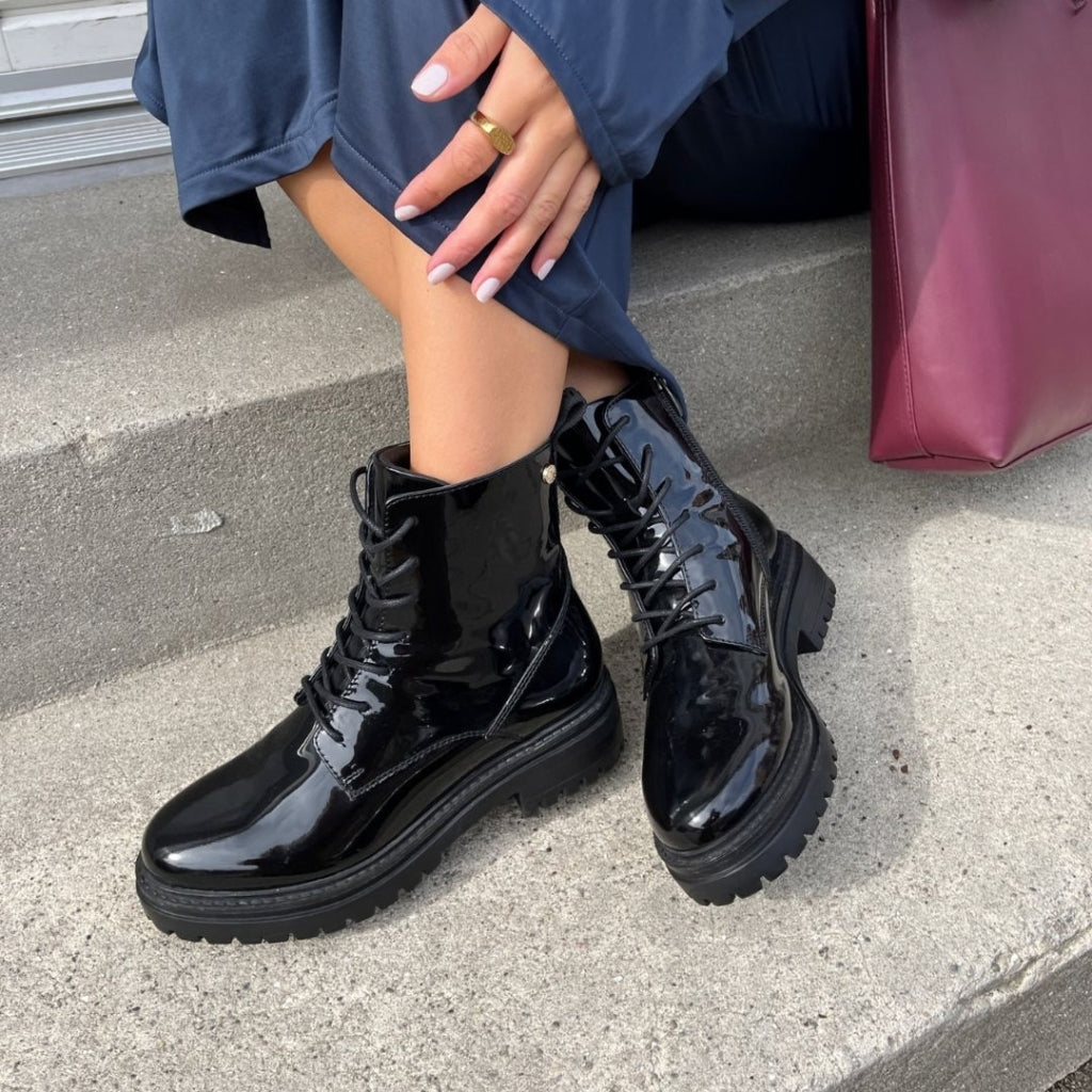 Black patent combat boots on sale